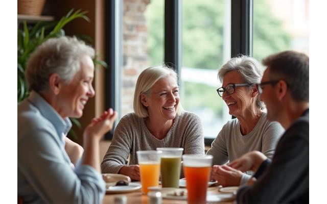 Group of diverse mature adults laughing and connecting over coffee in a bright, modern cafe