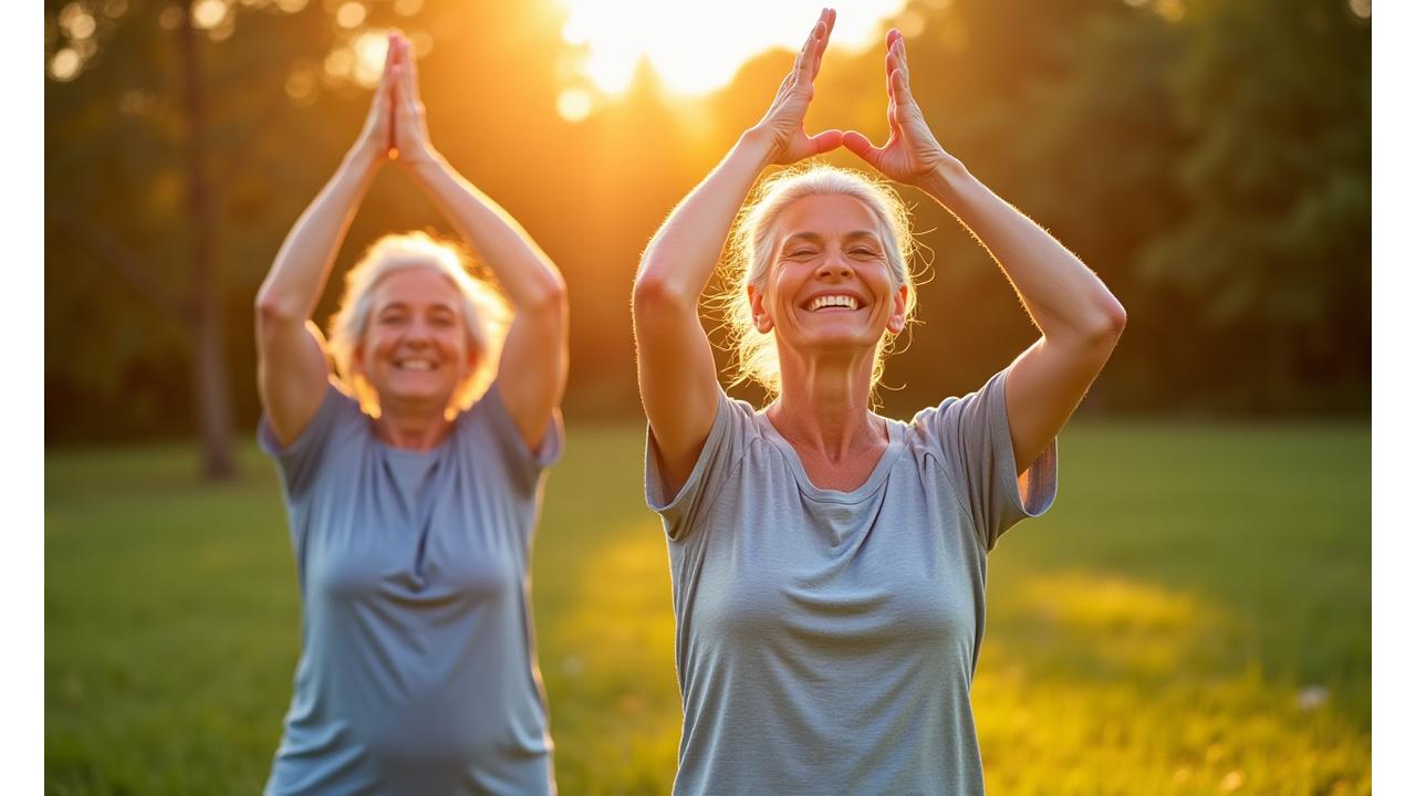 Senior adult couple enjoying outdoor yoga, representing active aging and longevity